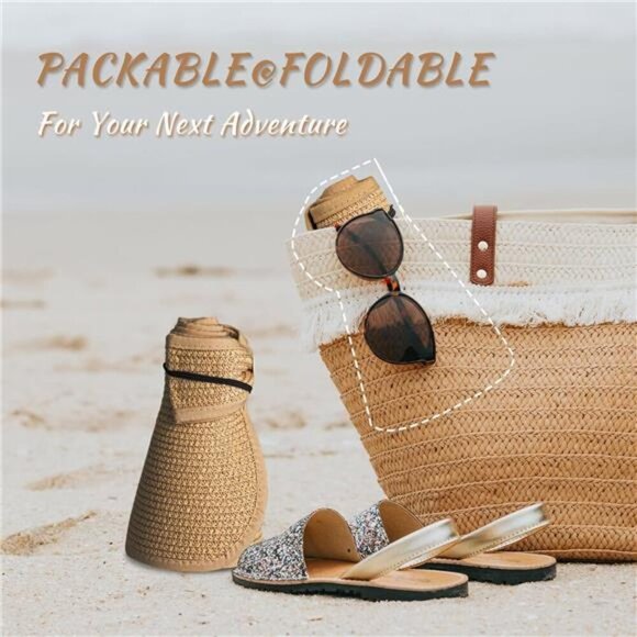 Wide Brim Straw Sun Visor Hat Women Ponytail UV Protection Foldable Beach - Picture 5 of 7